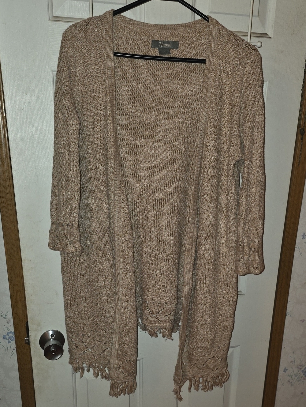 Natural Reflections Taupe Open-Front Fringe Cardigan